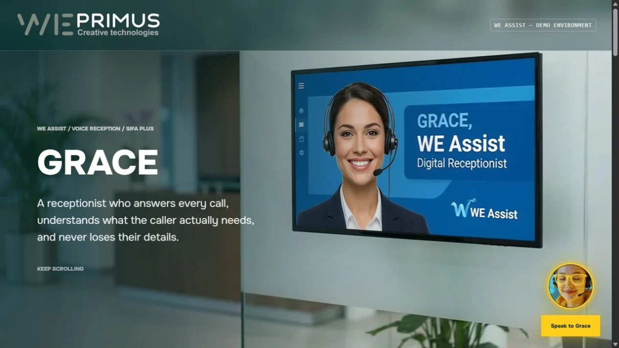 The existing WE Assist demonstration introducing Grace, a digital receptionist.