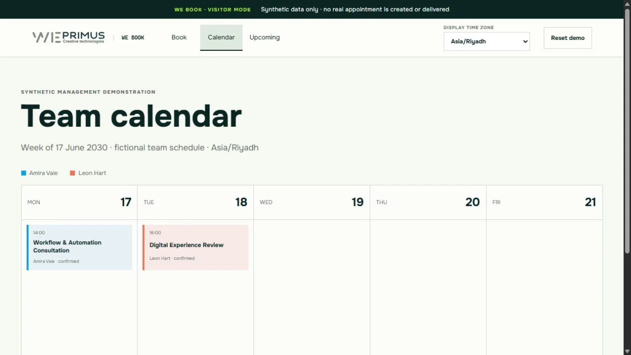 WE Book's existing team-calendar demonstration with fictional appointments.