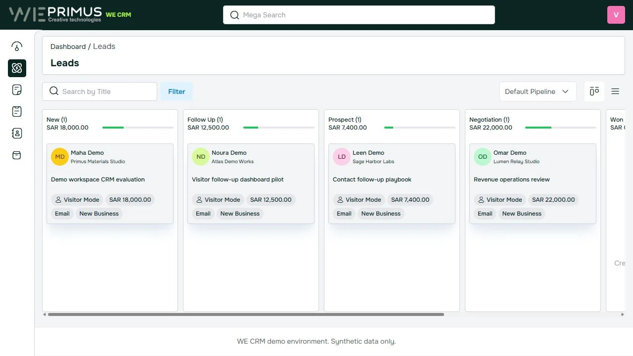 WE CRM visitor demonstration showing fictional leads and their follow-up stages.